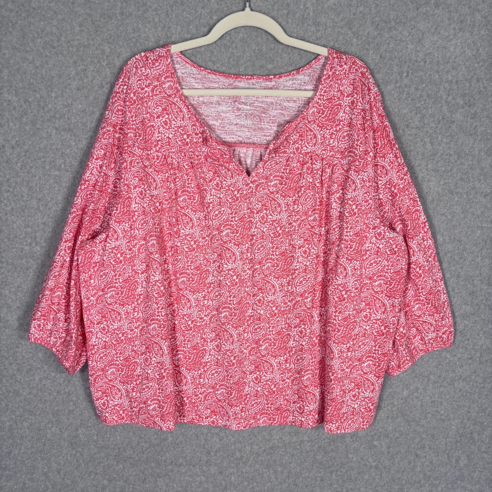 Lands End Peasant Top 2X Pink Paisley 100%‎ Cotton Blouse Shirt Jersey Stretch